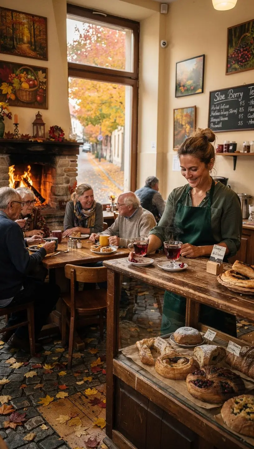 Egy csésze gőzölgő tea, mellette friss őszi gyümölcsök.